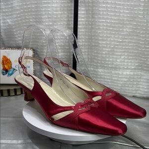 (E3) David's Vintage 90s Red Satin Bridal Slingback Heels, Size 9M